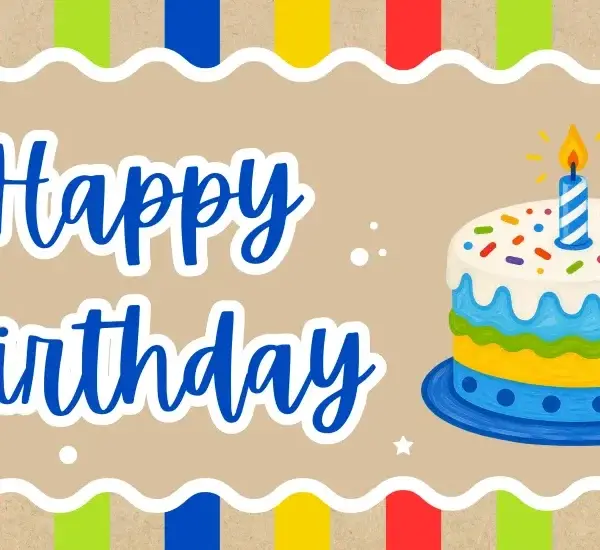 Hand-painted kraft paper Happy Birthday banner in blue with a cake illustration