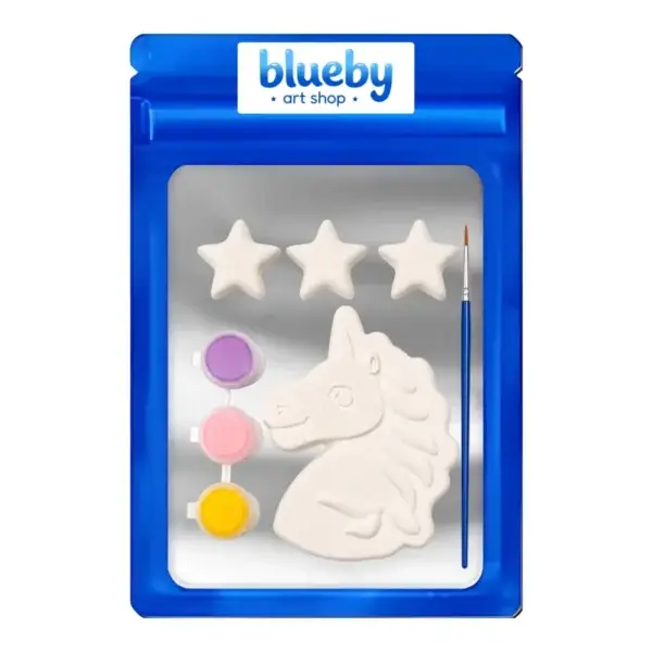 A Blueby party favor kit: a plaster figure, three stars, three paints and a brush in a printed cellophane bag