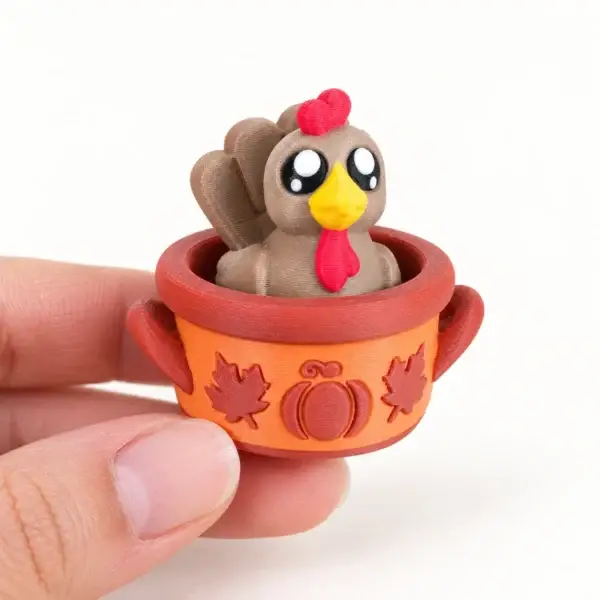 Thanksgiving Turkey Clicker, Turkey in autumn pot, a small printed item in the pictured colors