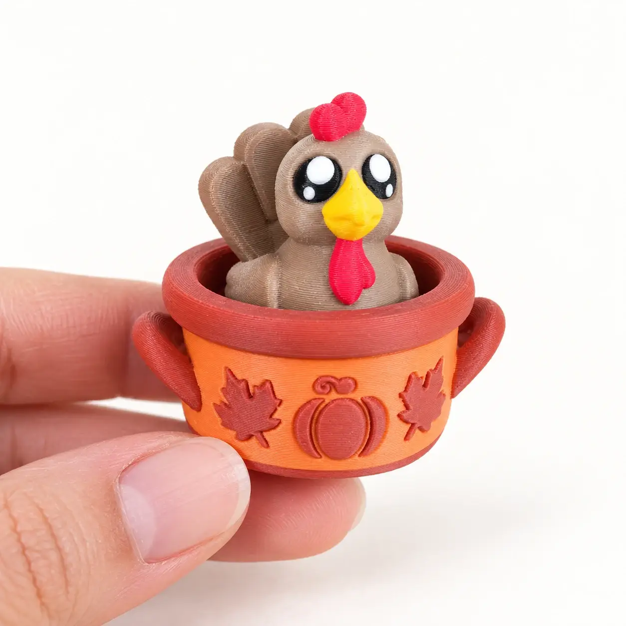 Thanksgiving Turkey Clicker, Turkey in autumn pot, a small printed item in the pictured colors