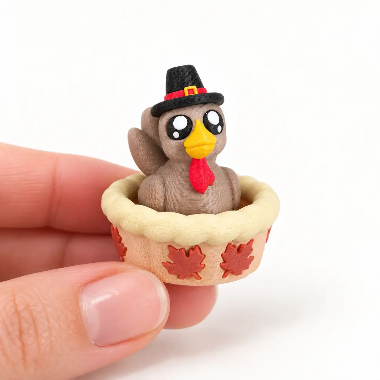 Thanksgiving Turkey Clicker, Pilgrim turkey in basket, a small printed item in the pictured colors