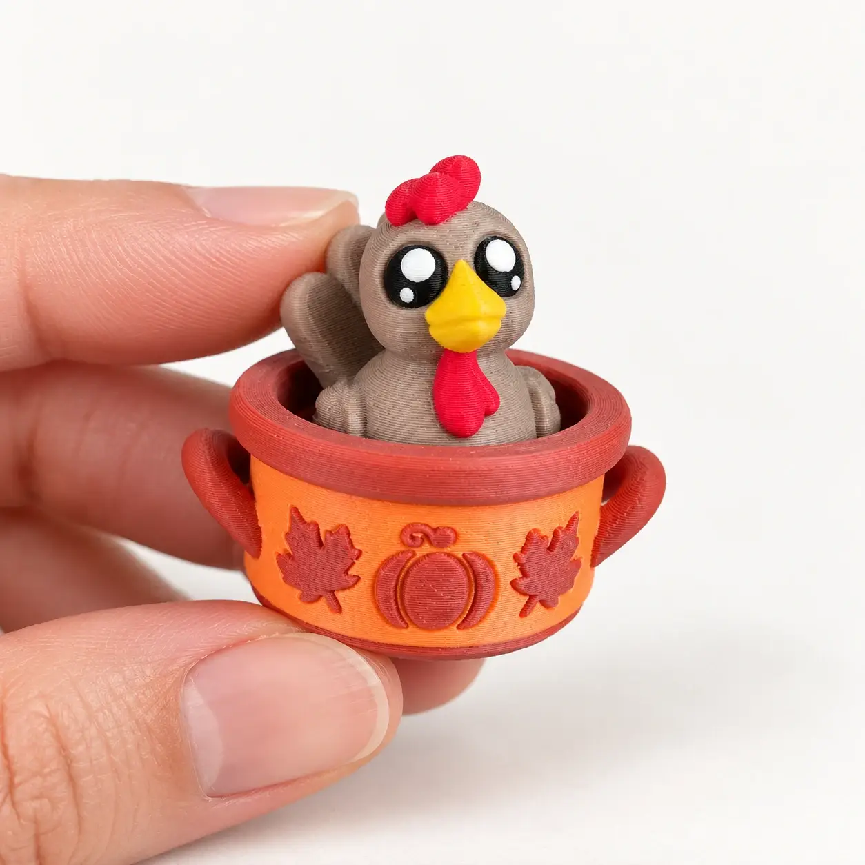 Thanksgiving Turkey Clicker, Turkey in autumn pot, a small printed item in the pictured colors