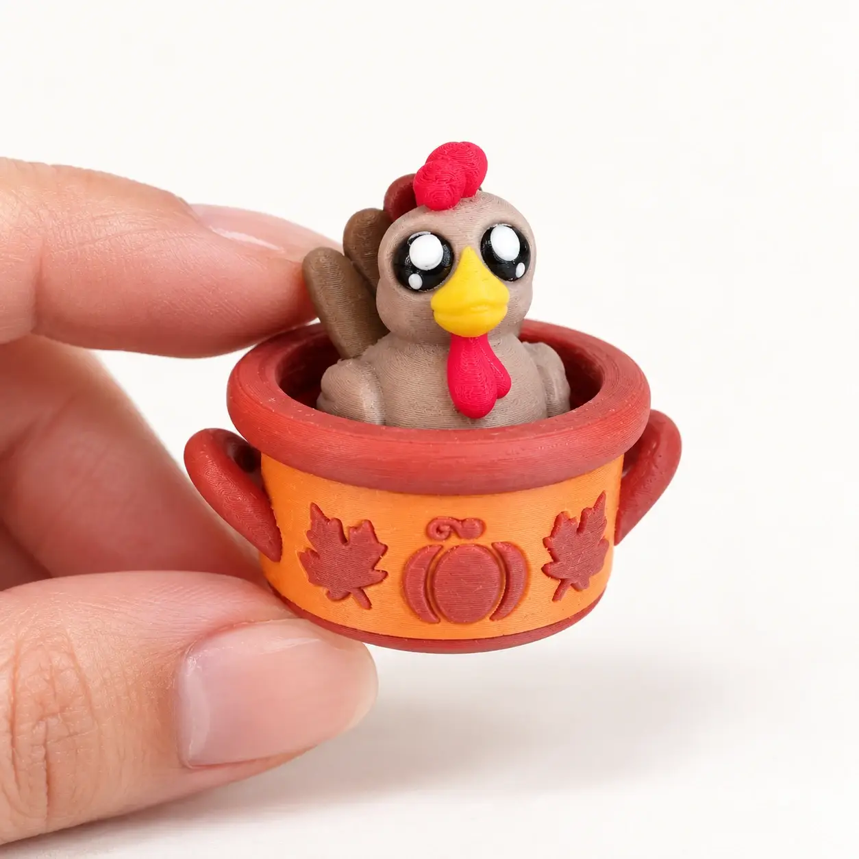 Thanksgiving Turkey Clicker, Turkey in autumn pot, a small printed item in the pictured colors