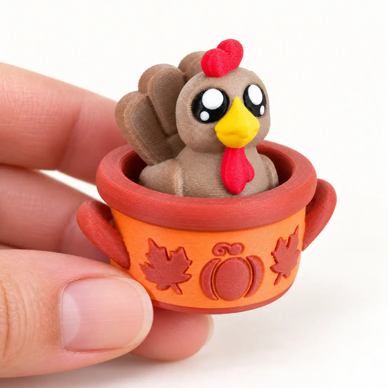 Thanksgiving Turkey Clicker, Turkey in autumn pot, a small printed item in the pictured colors