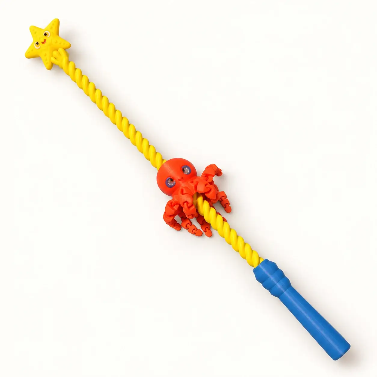 Orange octopus wand with yellow spiral and star, and blue handle