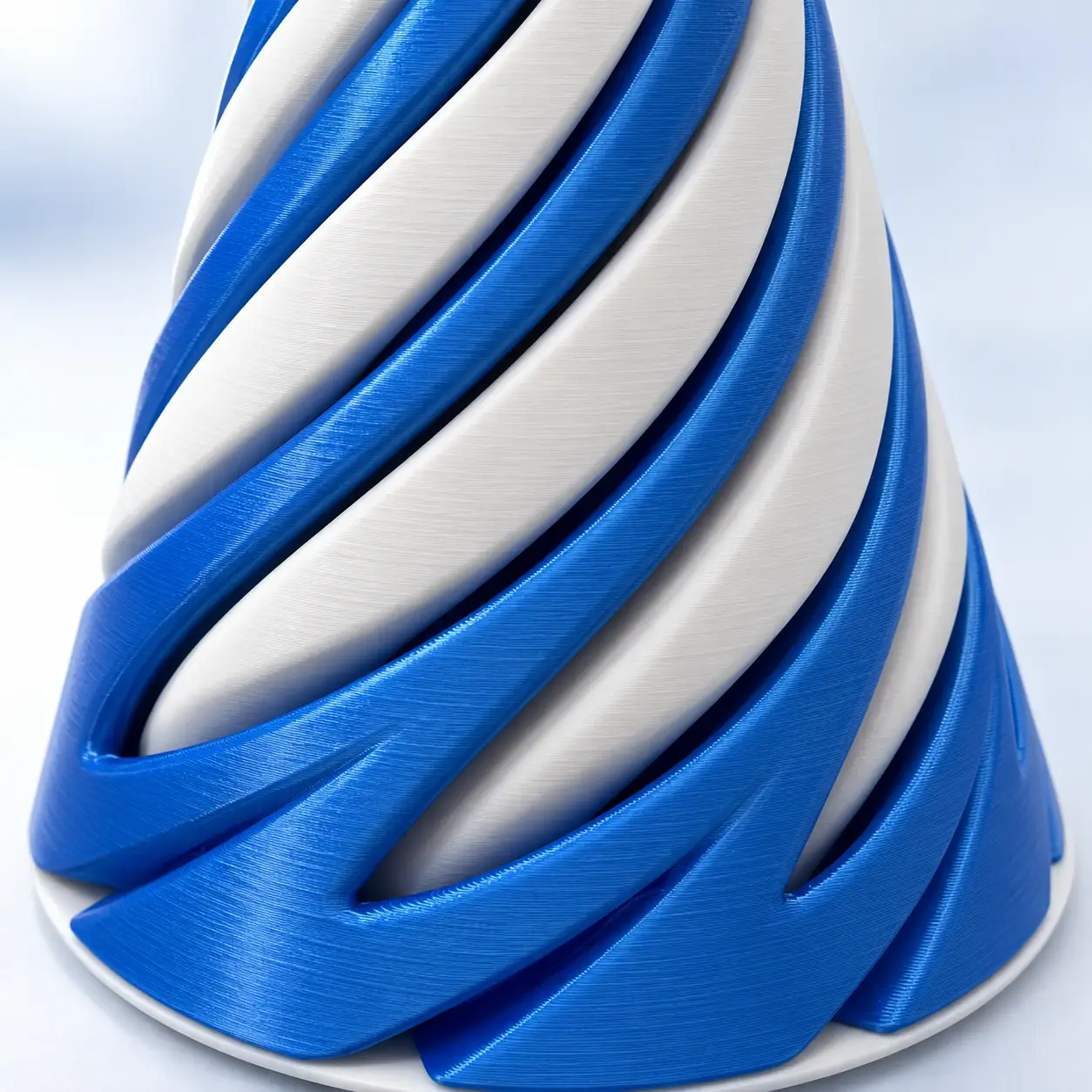 Close-up of the blue and white interlocking spirals and printed texture