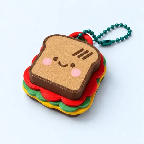 Smiling TOASTY sandwich clicker with teal ball chain